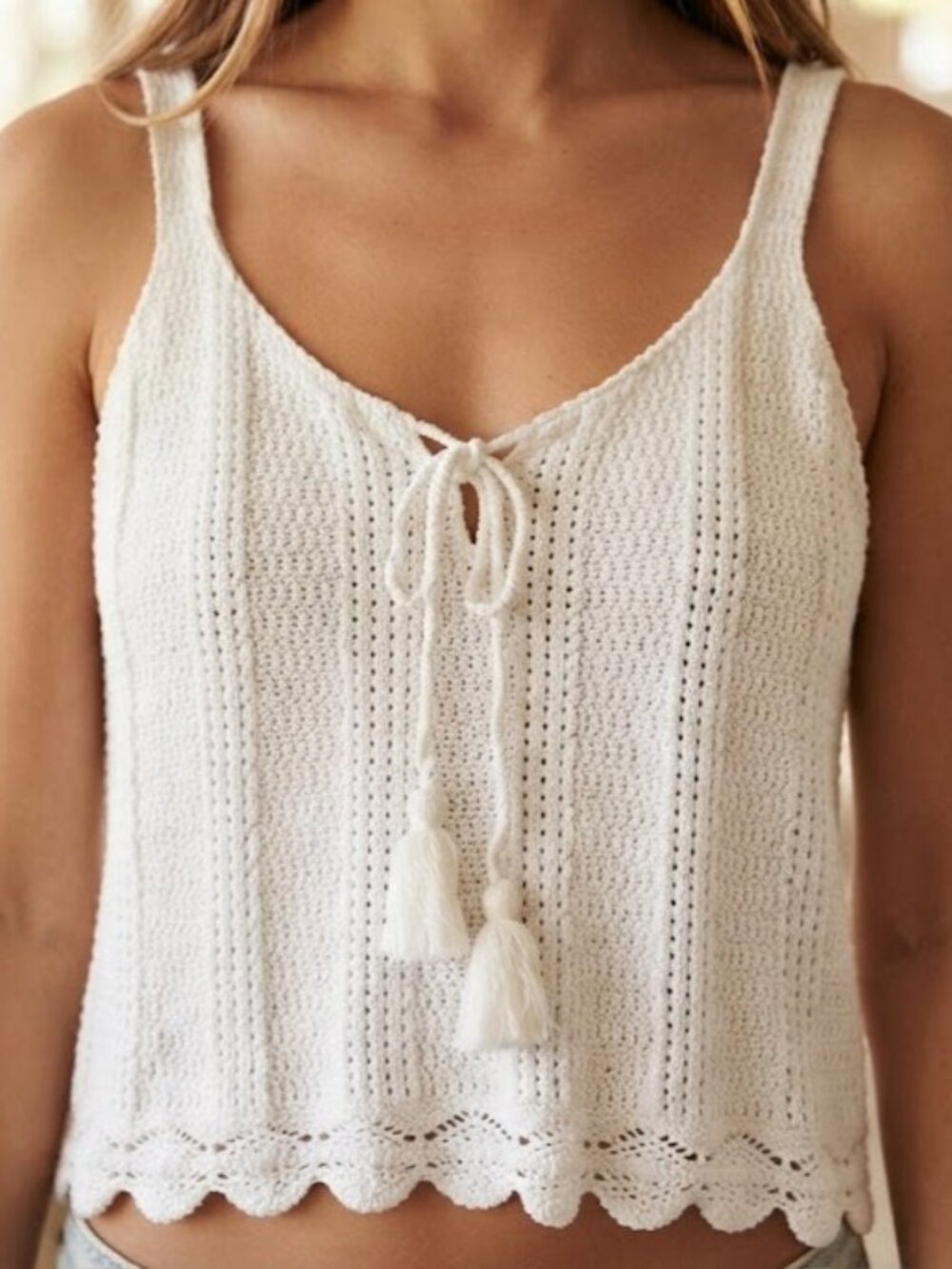 White Crochet Tie-Front Crop Top